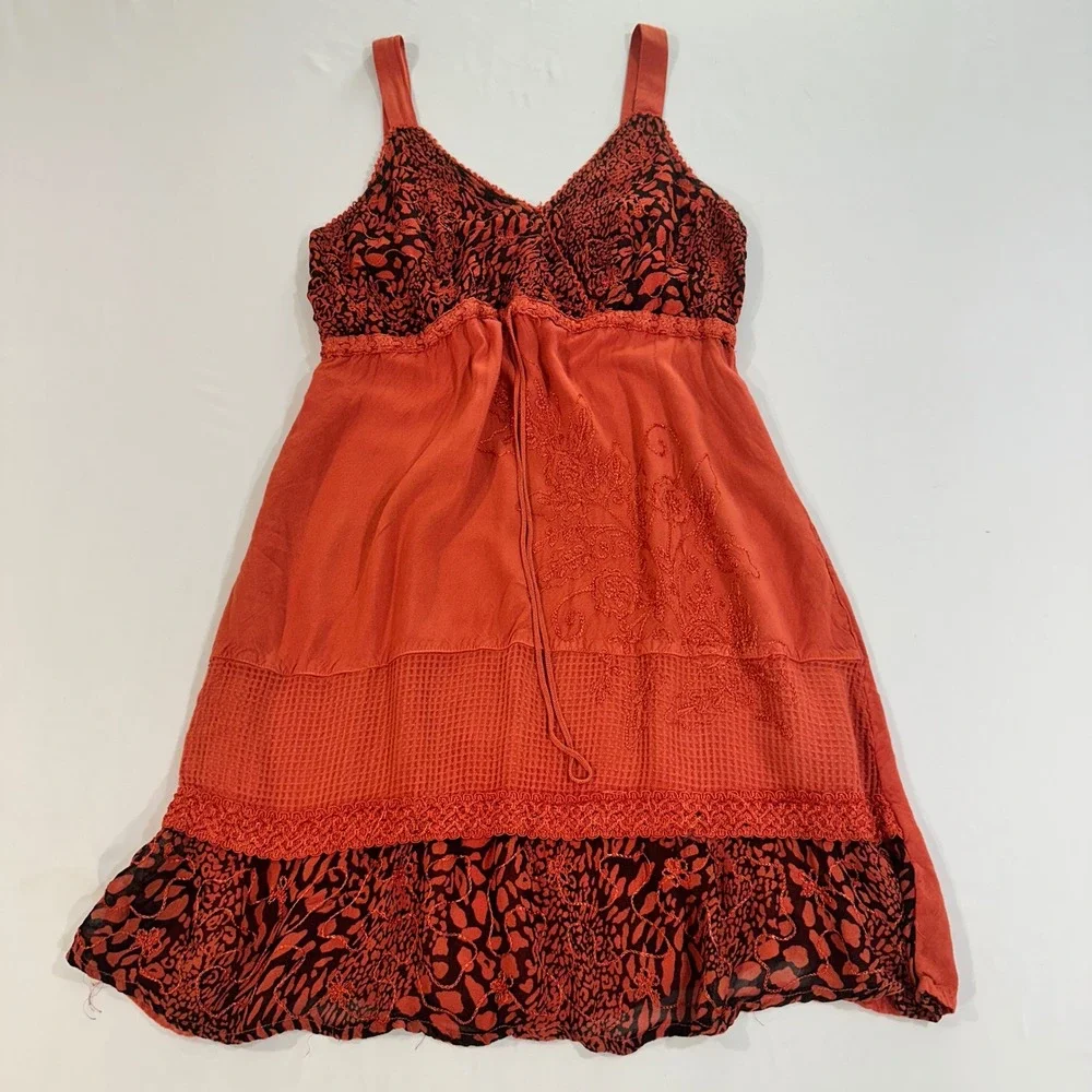 Yak & Yeti Boho Mini Dress Womens Medium Orange Embroidered Animal Print Cotton